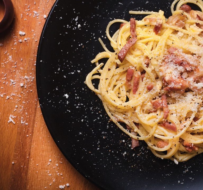 Another crowd favorite from our menu is the creamy Spaghetti Carborana with bacon, egg yolk and parm